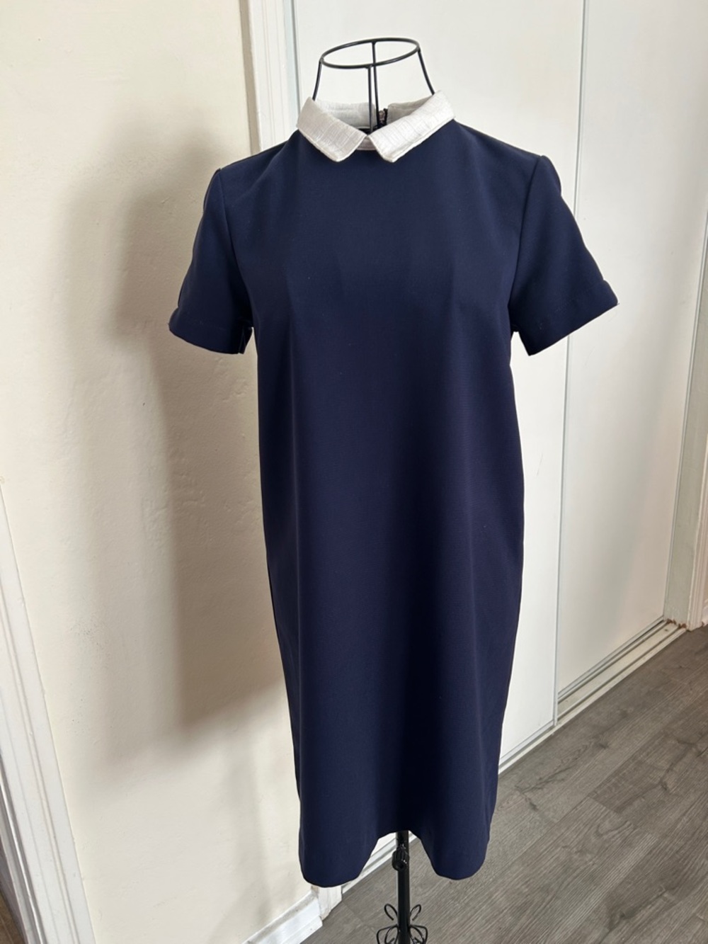 Zara Navy Midi Shift Dress with White Collar Size XS